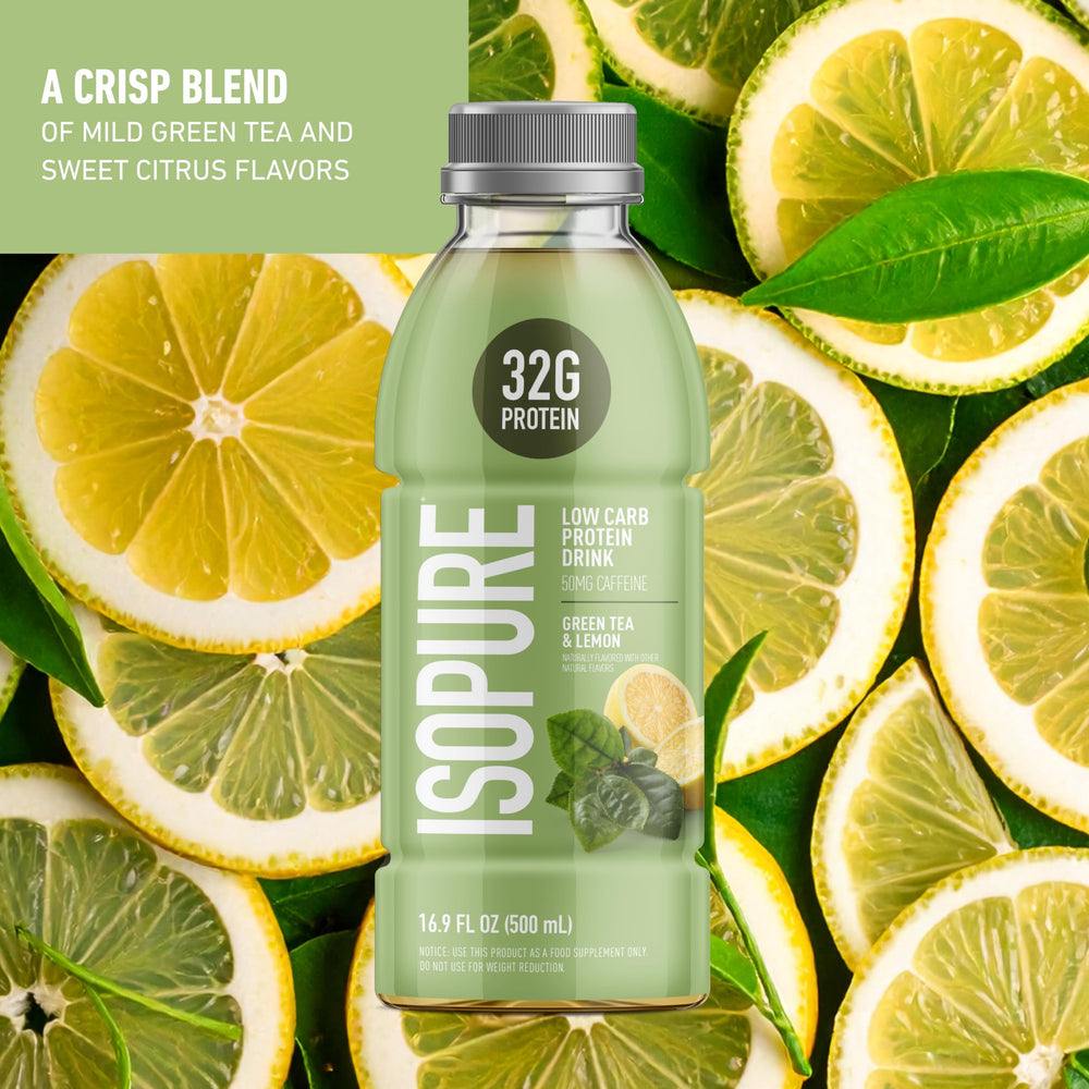 Isopure Green Tea flavor drink in a clear bottle, refreshing protein option.
