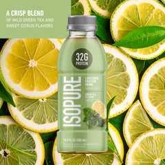 Isopure Green Tea flavor drink in a clear bottle, refreshing protein option.