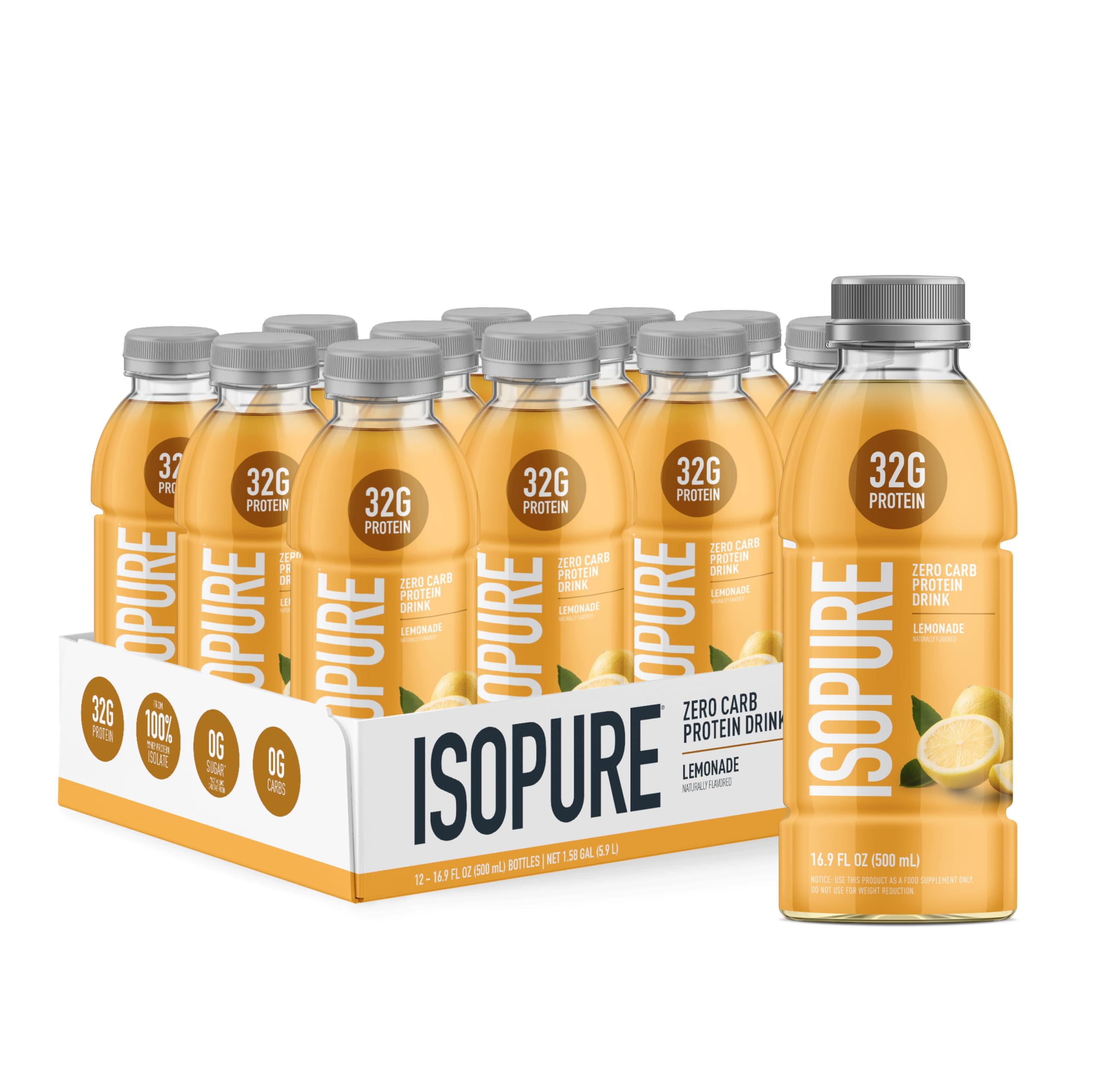 Isopure Lemonade 32g bottle showing protein content for post-workout refreshment