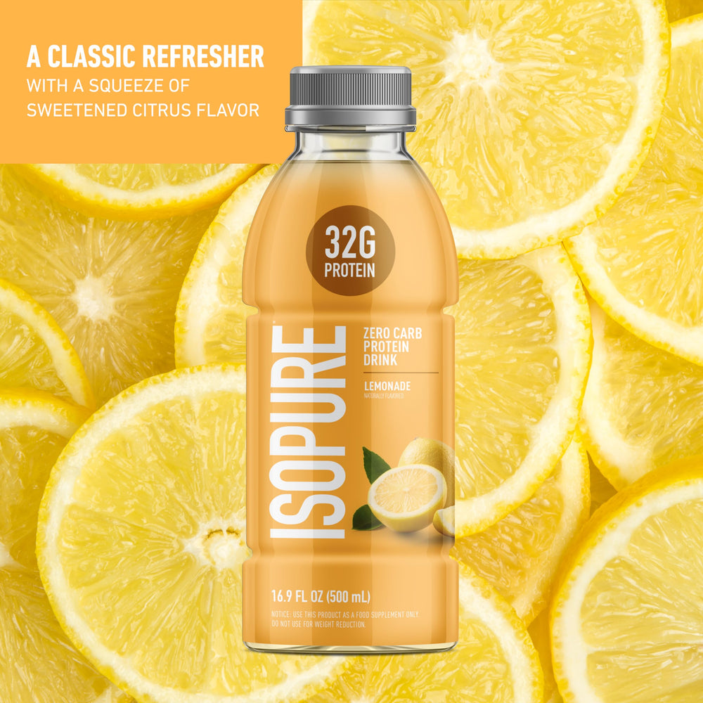 Isopure Lemonade bottle poured into a glass for a refreshing drink
