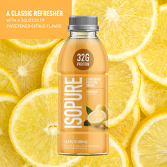 Isopure Lemonade bottle poured into a glass for a refreshing drink