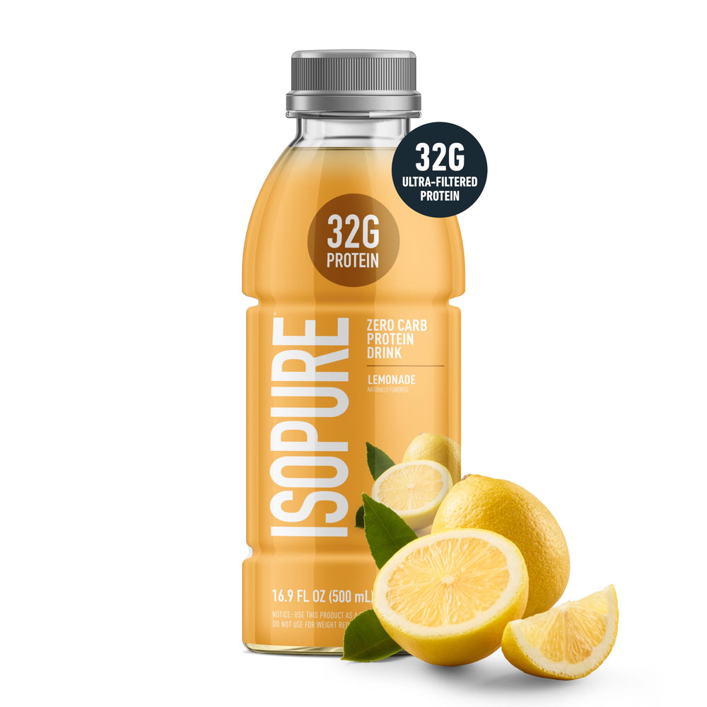 Close-up of Isopure Lemonade label highlighting zero sugar and zero carbs