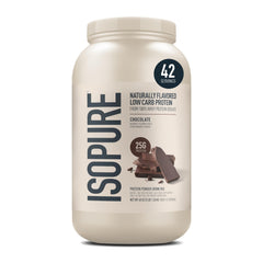 Isopure Low Carb whey isolate chocolate container highlights 25g protein per serving.