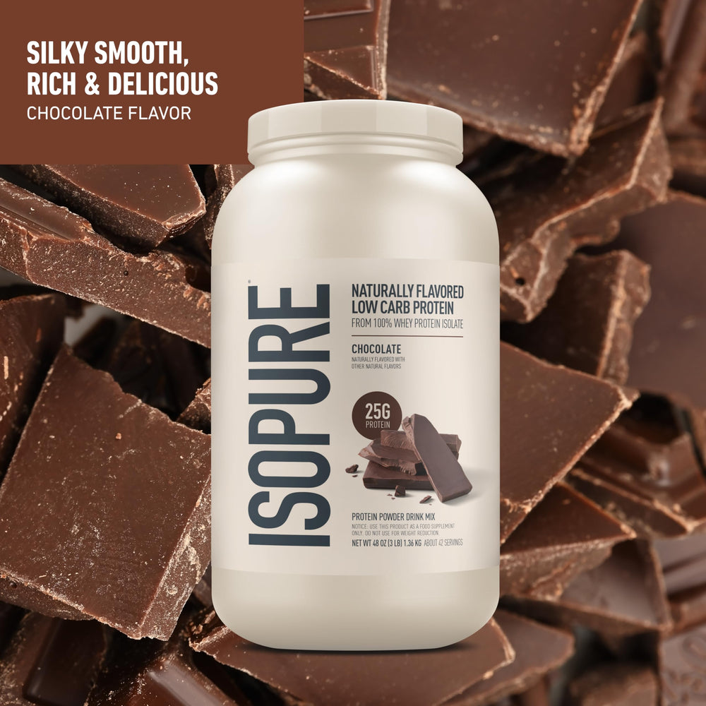 Isopure chocolate whey isolate being poured into a beverage for mixing.
