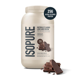 Isopure chocolate whey isolate scoop beside a glass for a quick shake.