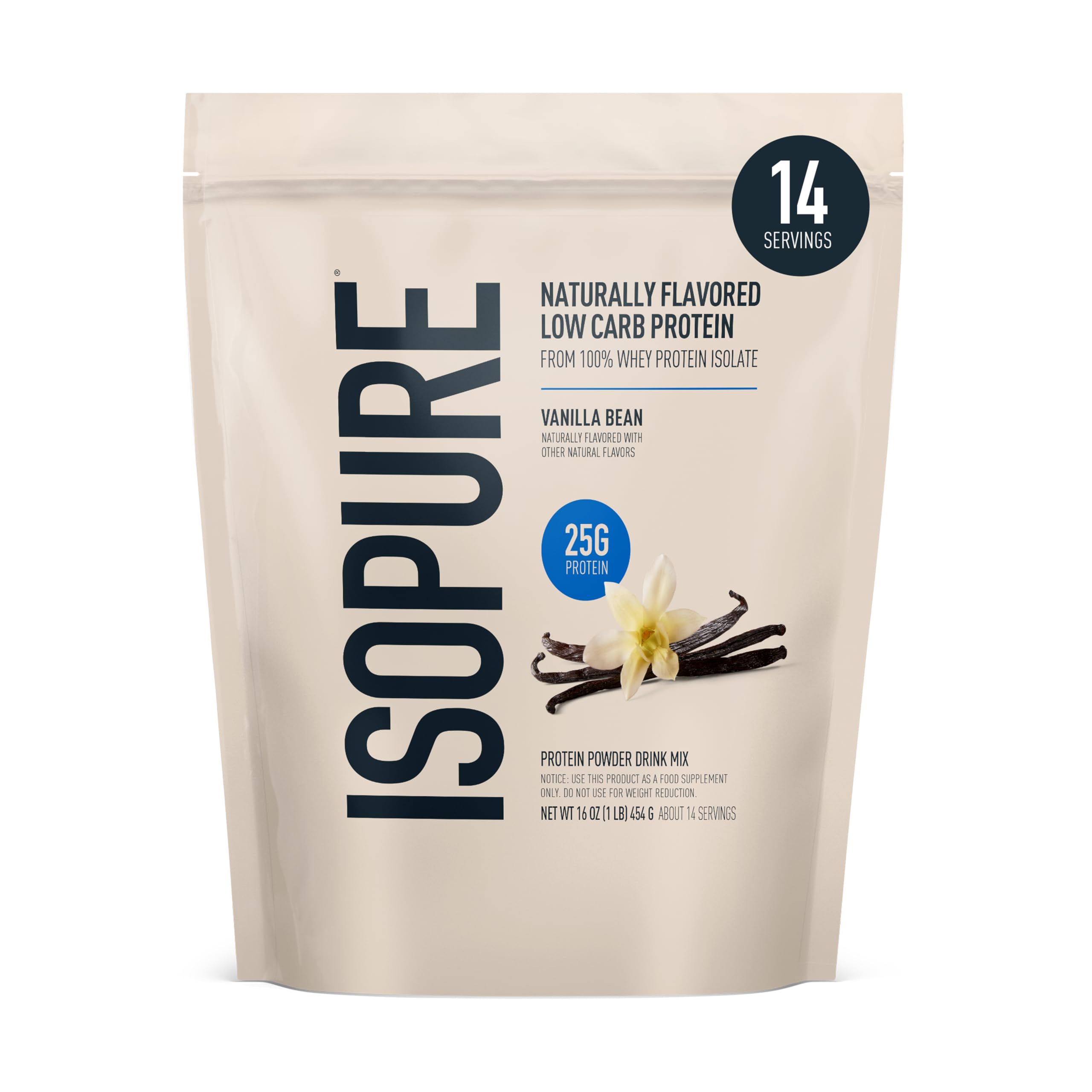 Isopure Low Carb Vanilla Bean packaging showcases 25g protein per serving.