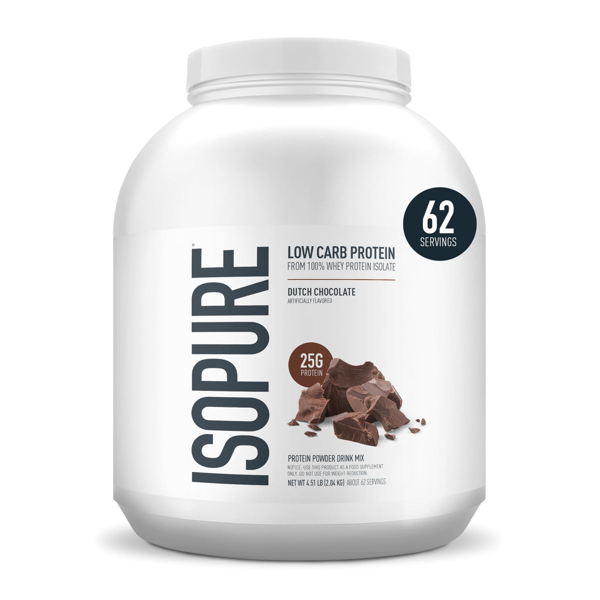 Isopure low-carb whey isolate jar shows 25 g protein per serving for daily wellness.