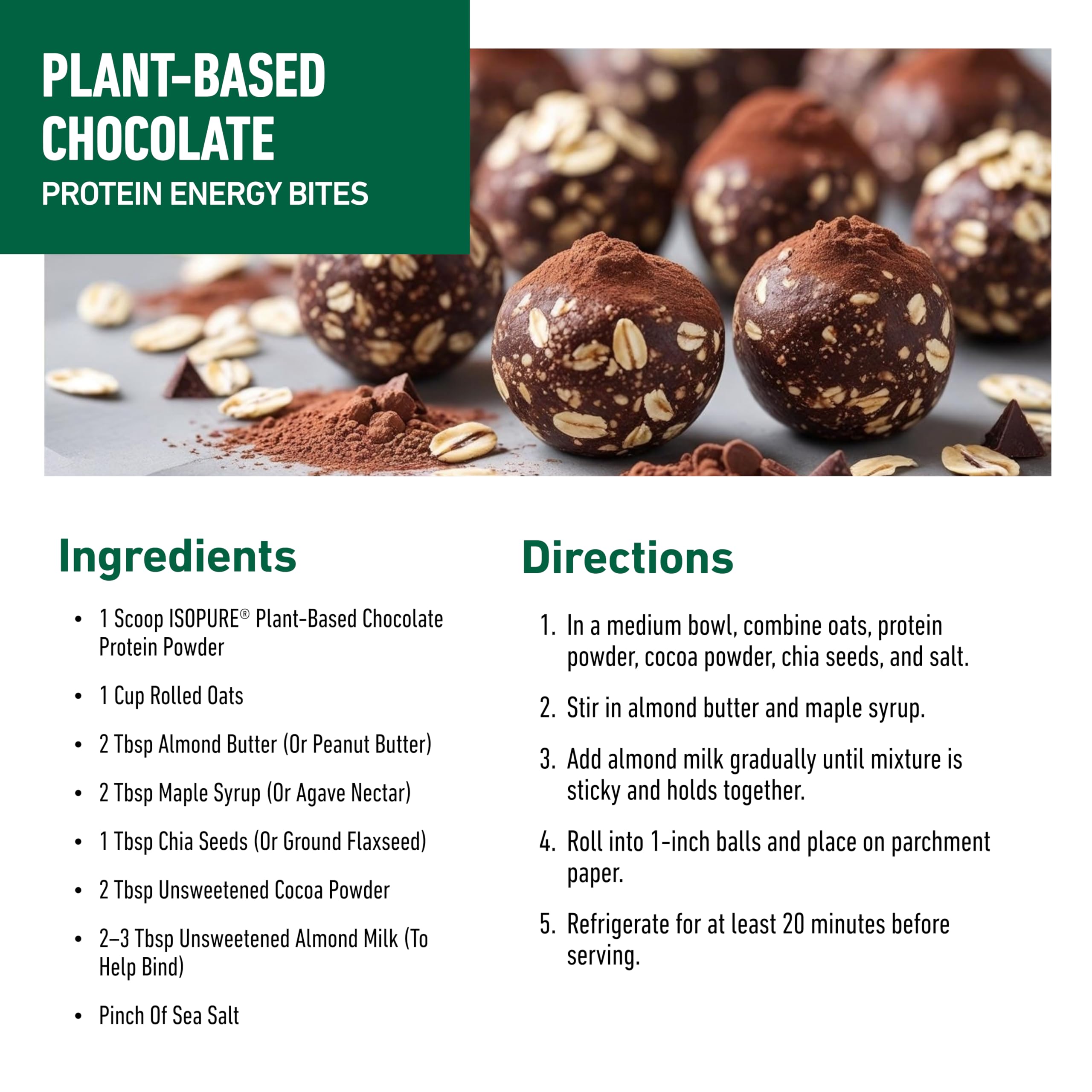Isopure Plant-Based Protein Powder chocolate with spoon and bowl