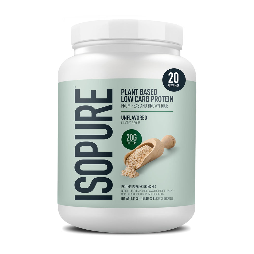 Isopure plant-based protein unflavored container on table, dairy-free option highlighted