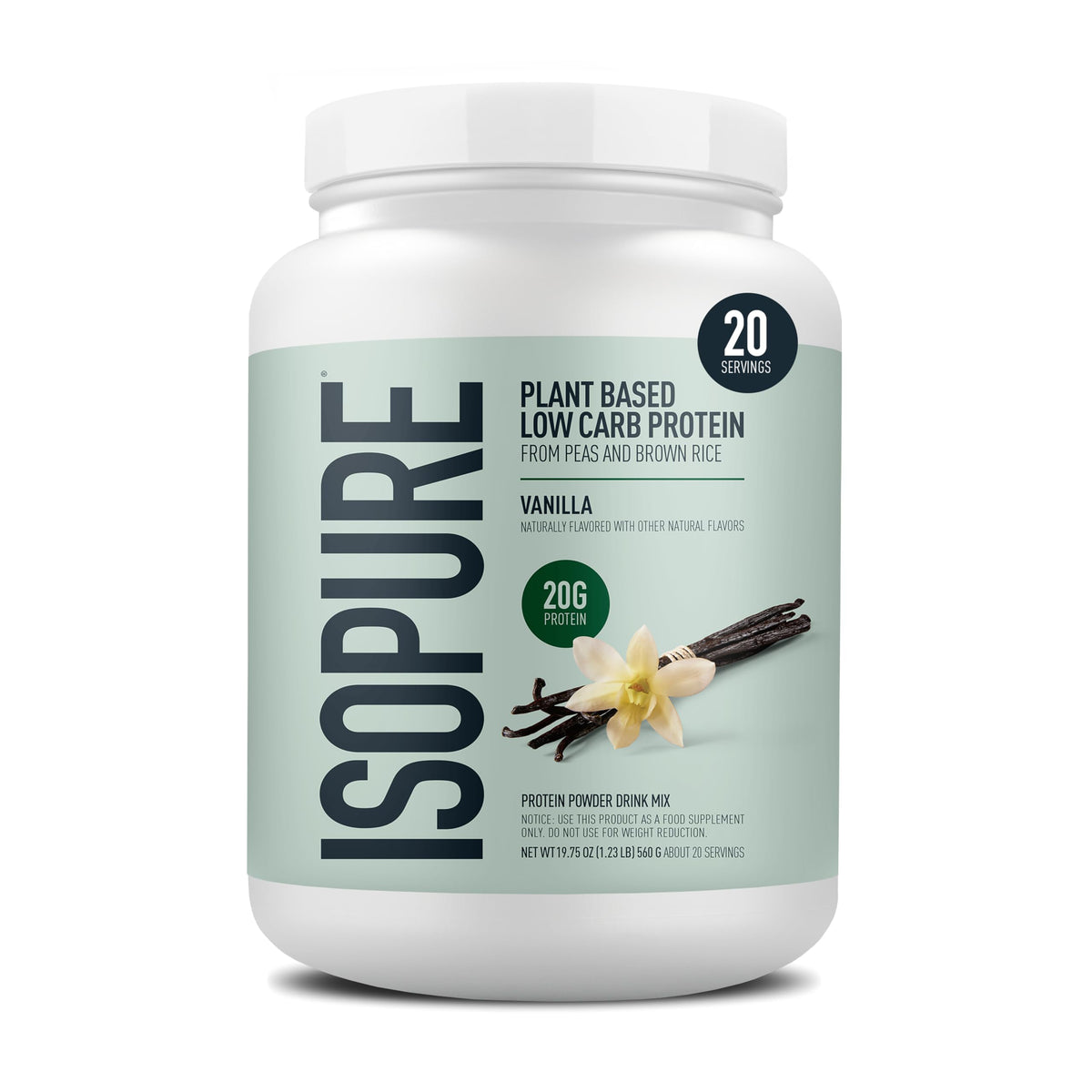 Isopure plant-based vanilla container showing dairy-free protein for daily nutrition