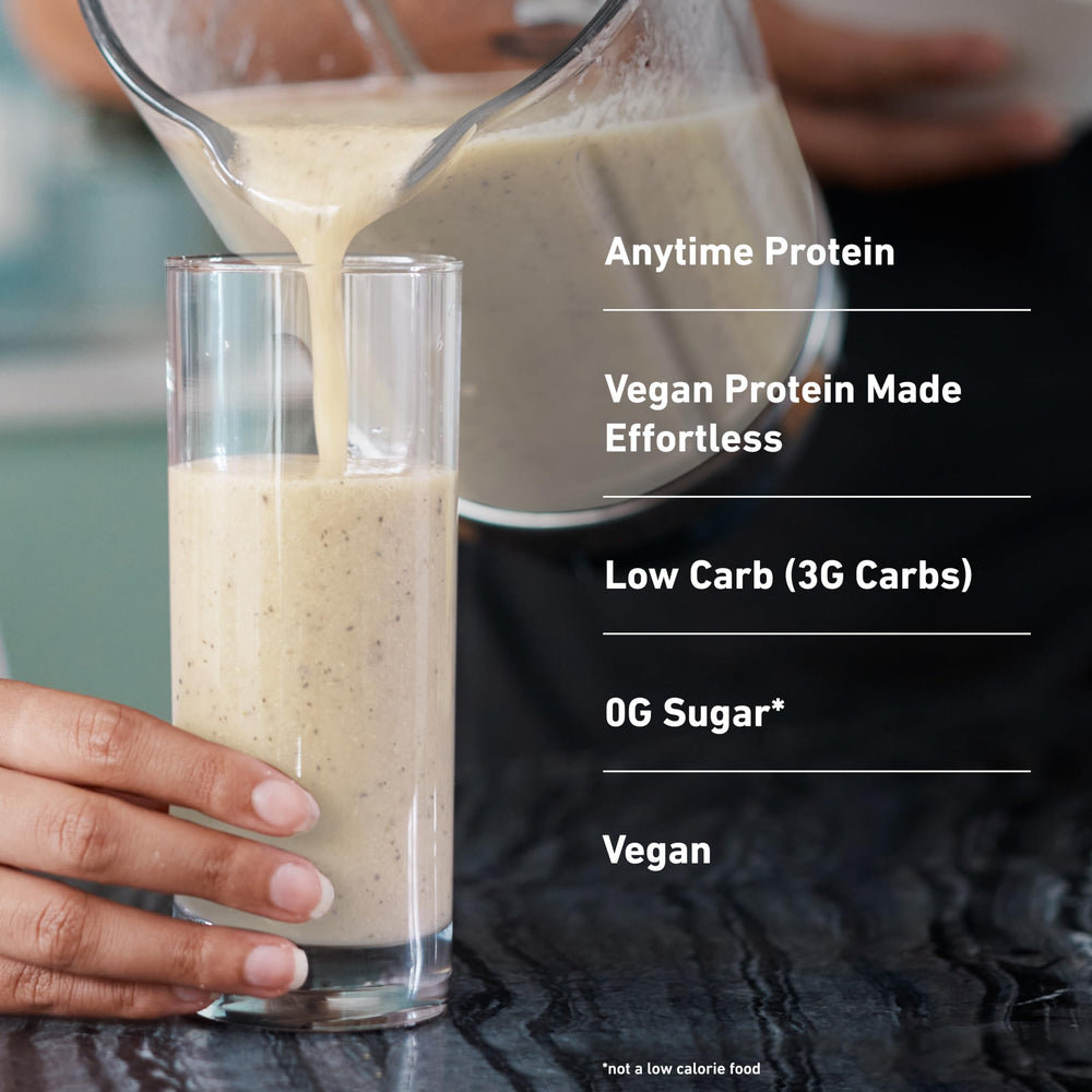 Isopure plant-based vanilla shake poured over ice for refreshing flavor
