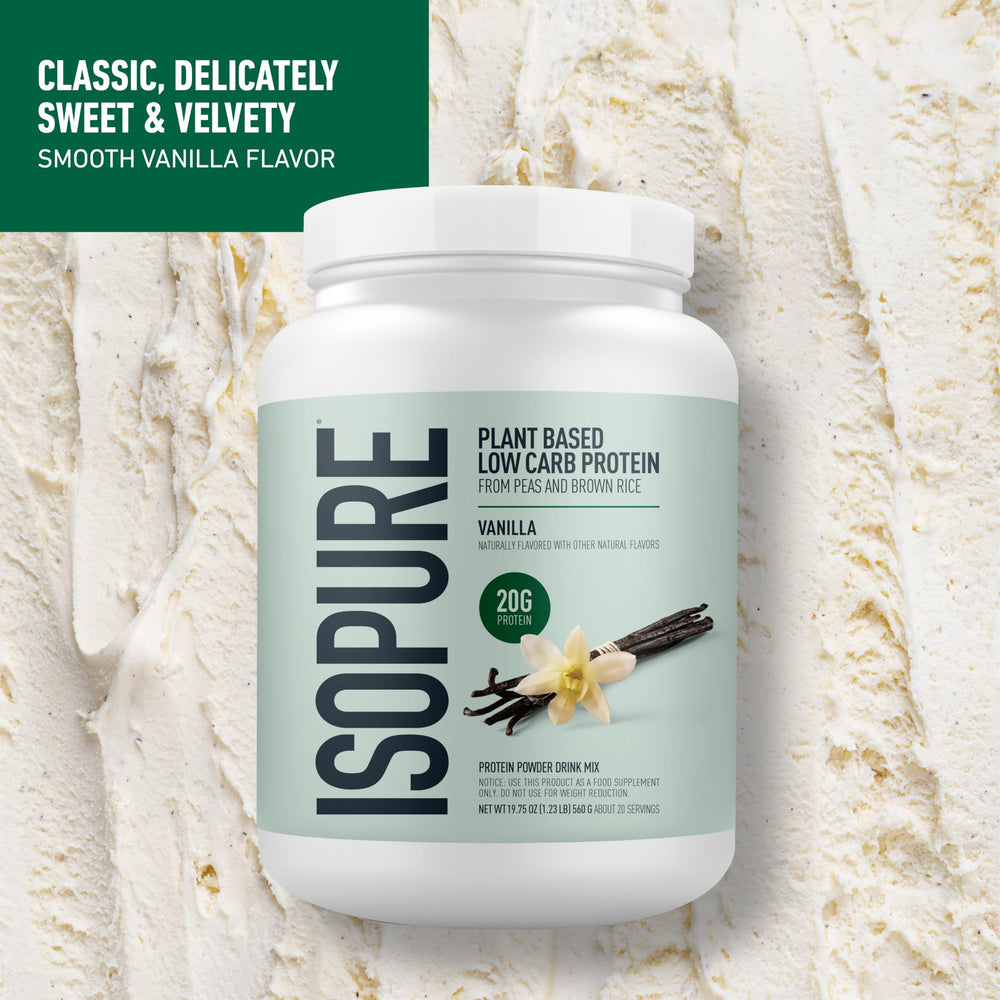 Isopure vanilla protein powder close-up highlighting 20g protein per serving