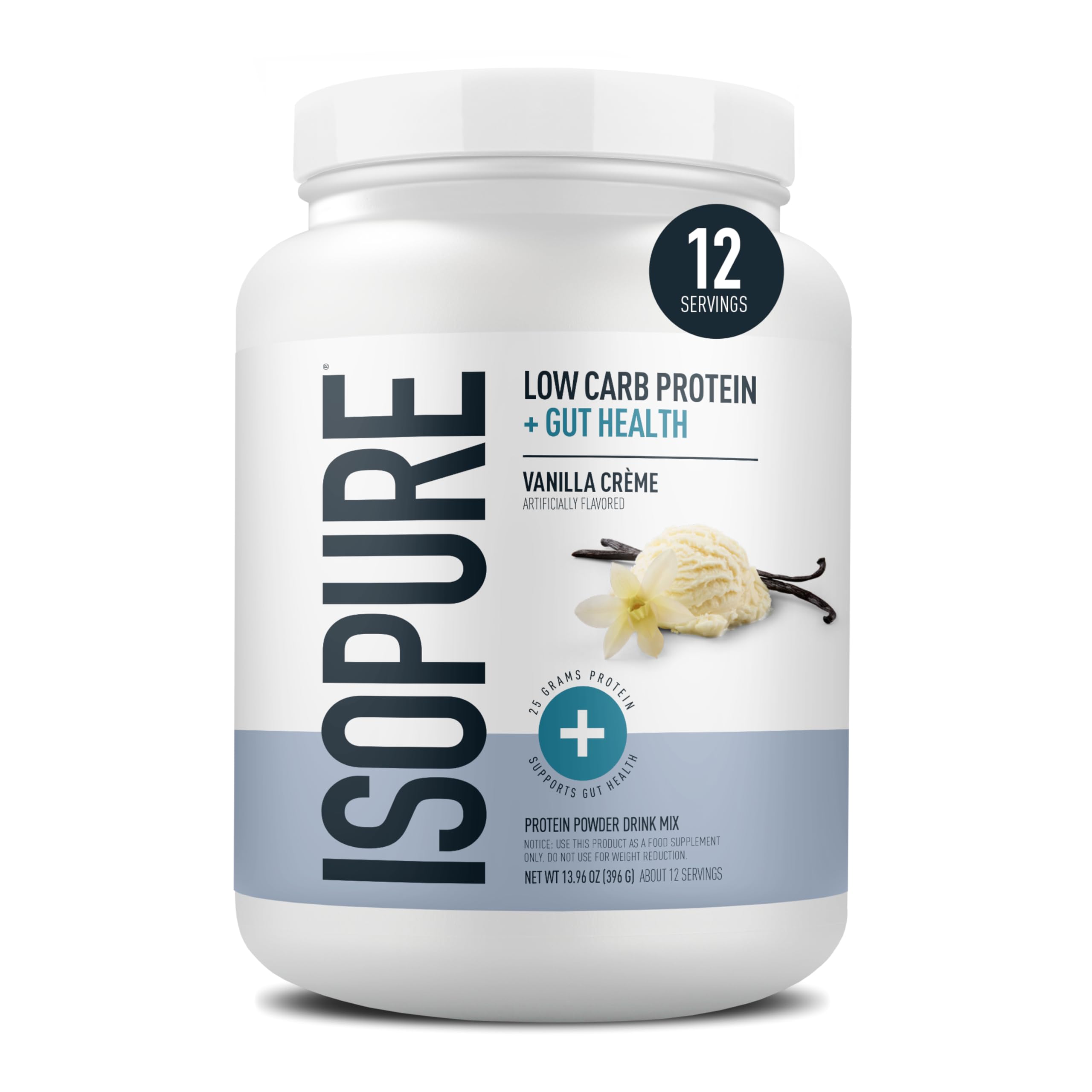 Isopure Protein + Gut Health Vanilla Creme packaging front highlights 25g protein and prebiotics.
