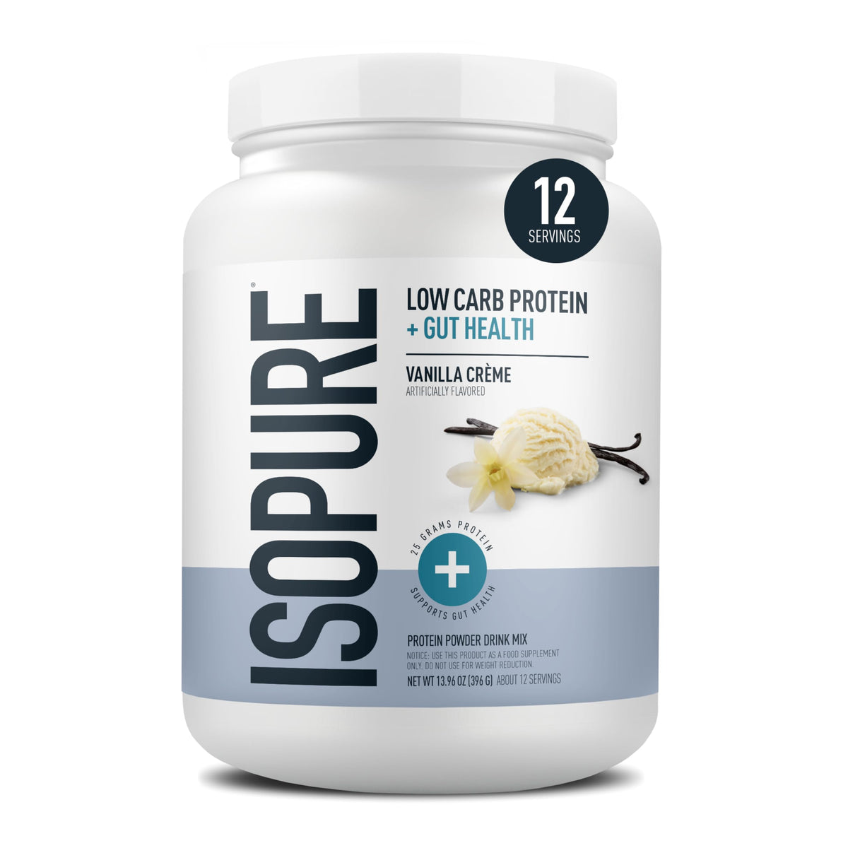 Isopure Protein + Gut Health Vanilla Creme packaging front highlights 25g protein and prebiotics.