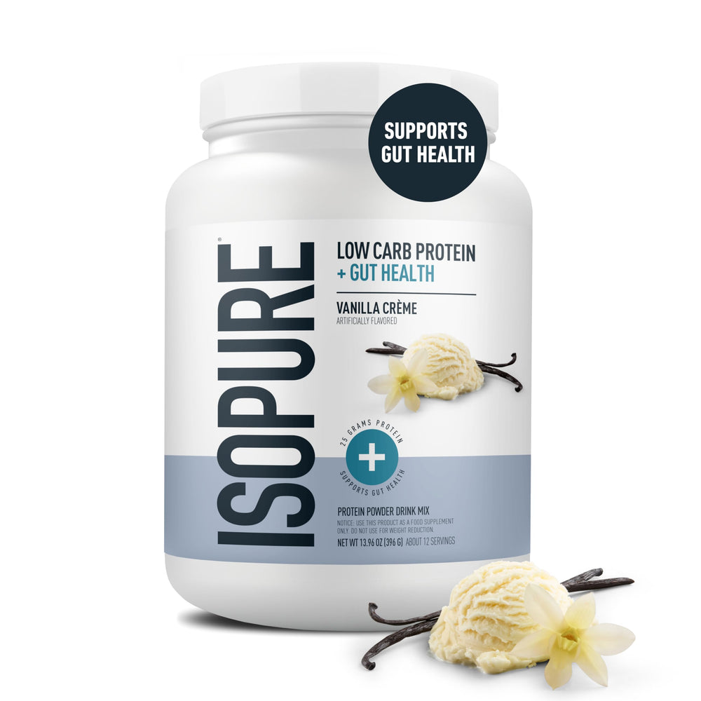 Isopure Protein + Gut Health powder being scooped for a quick shake.