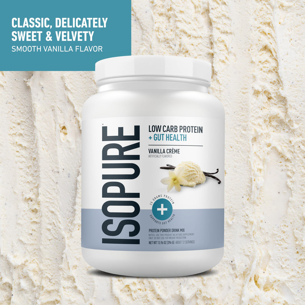 Isopure Protein + Gut Health shake in glass shows Vanilla Creme flavor and creamy texture.