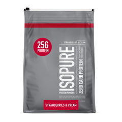 Isopure Strawberries and Cream tub front showing 110 servings for convenient daily protein.