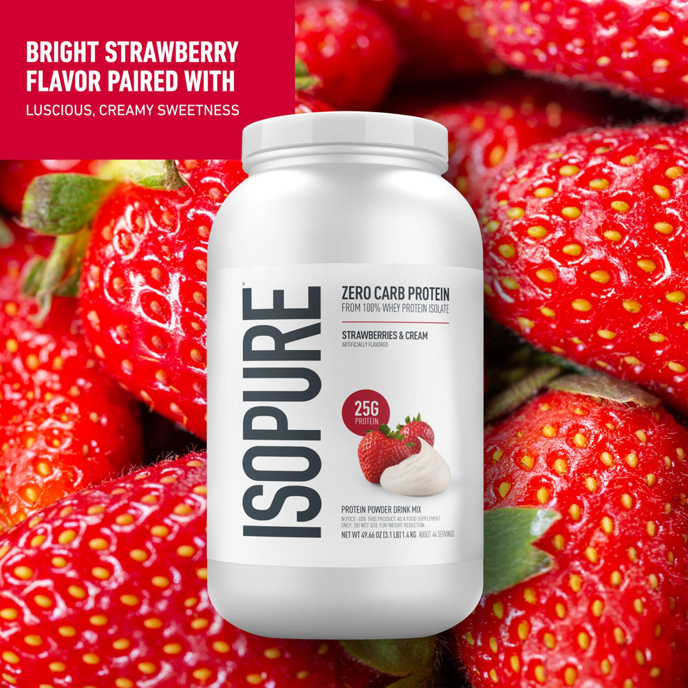 Isopure Strawberries & Cream whey scoop ready to mix.