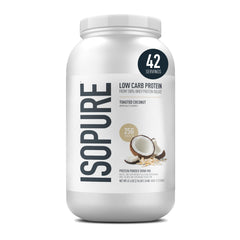 Isopure Toasted Coconut whey protein powder 3lb container for high-protein shakes.