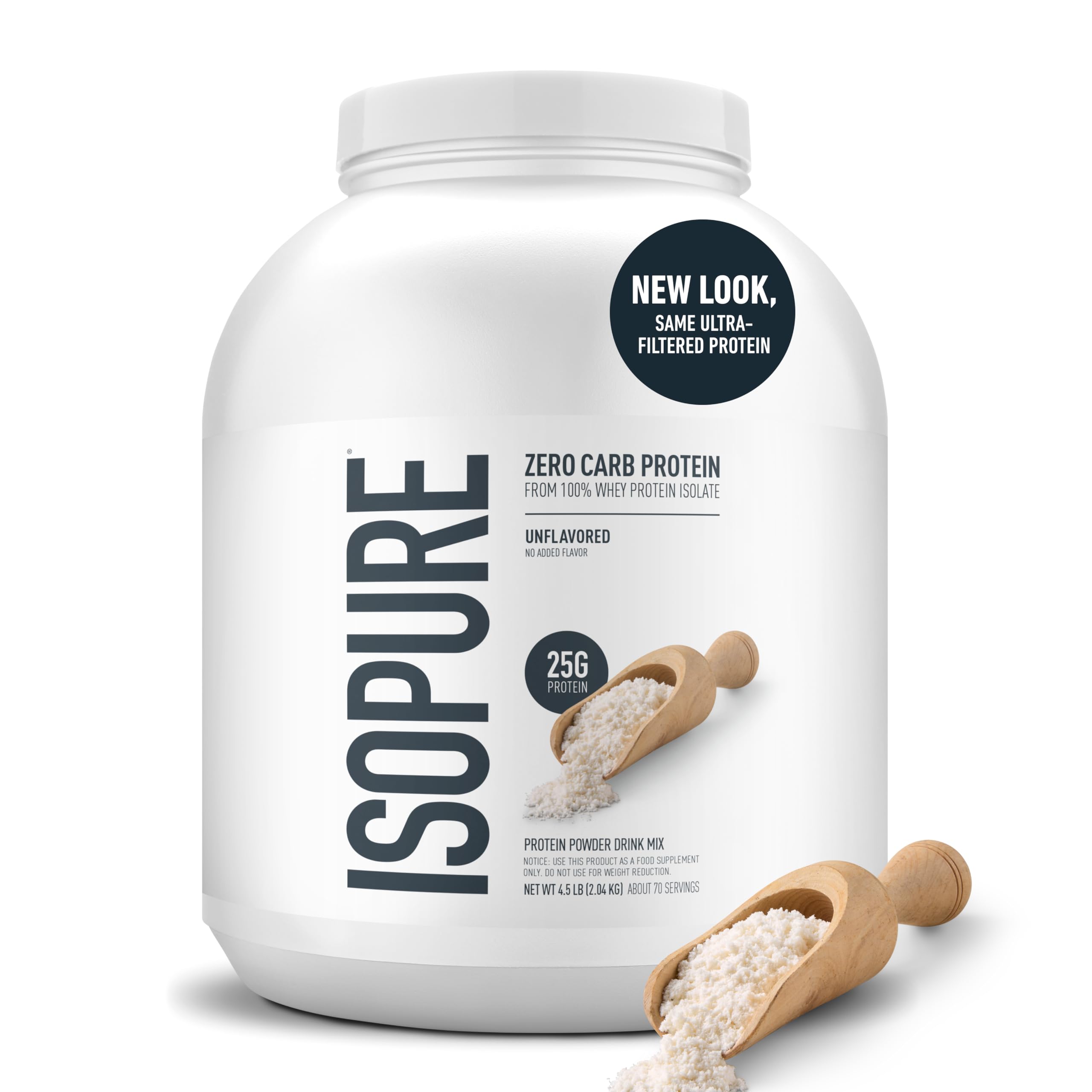 Isopure unflavored whey powder ready for customizable shakes.