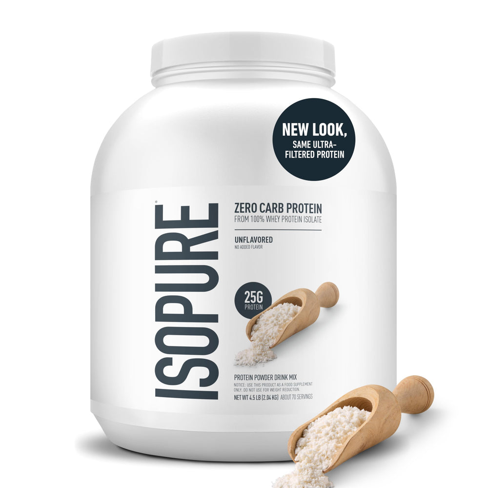 Isopure unflavored whey powder ready for customizable shakes.