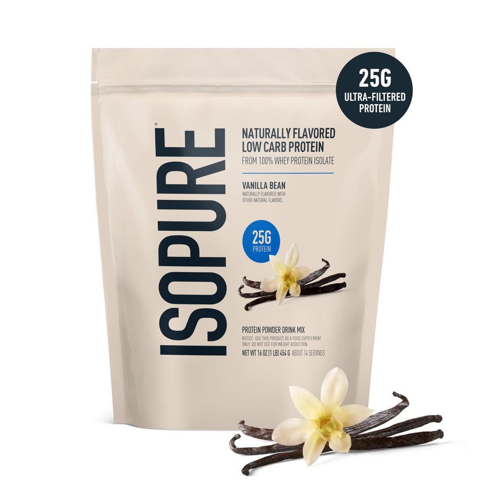 Isopure Vanilla Bean whey powder scoop for quick high-protein shakes.