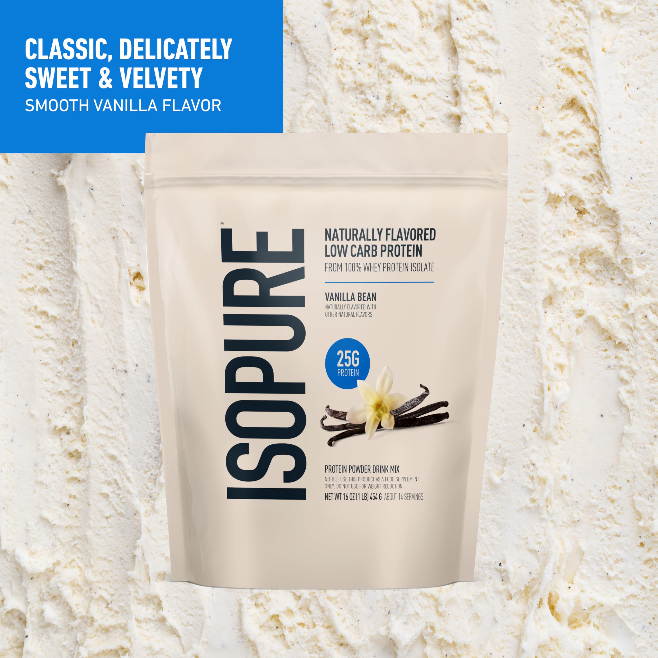 Isopure Vanilla Bean whey shake in glass, creamy and sugar-free.
