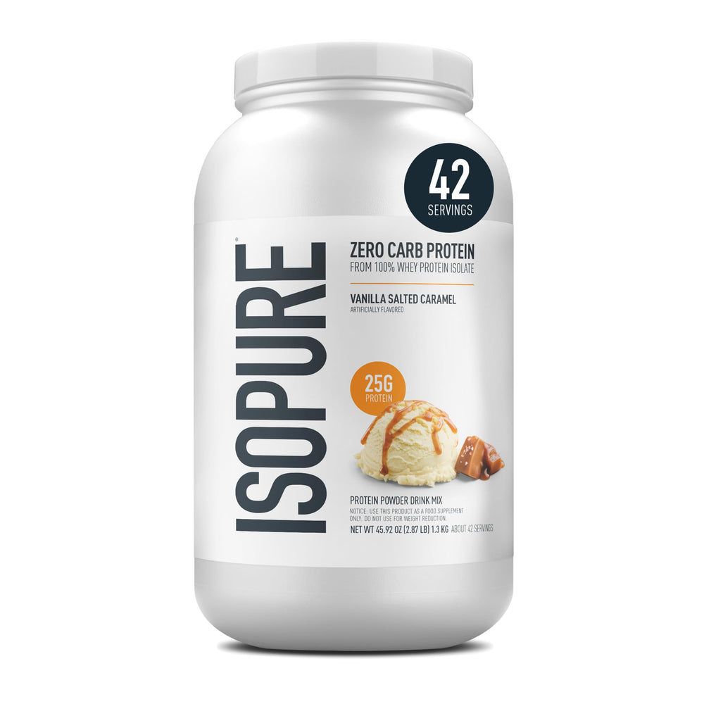 Isopure Vanilla Salted Caramel whey isolate powder bottle for a high‑protein boost.