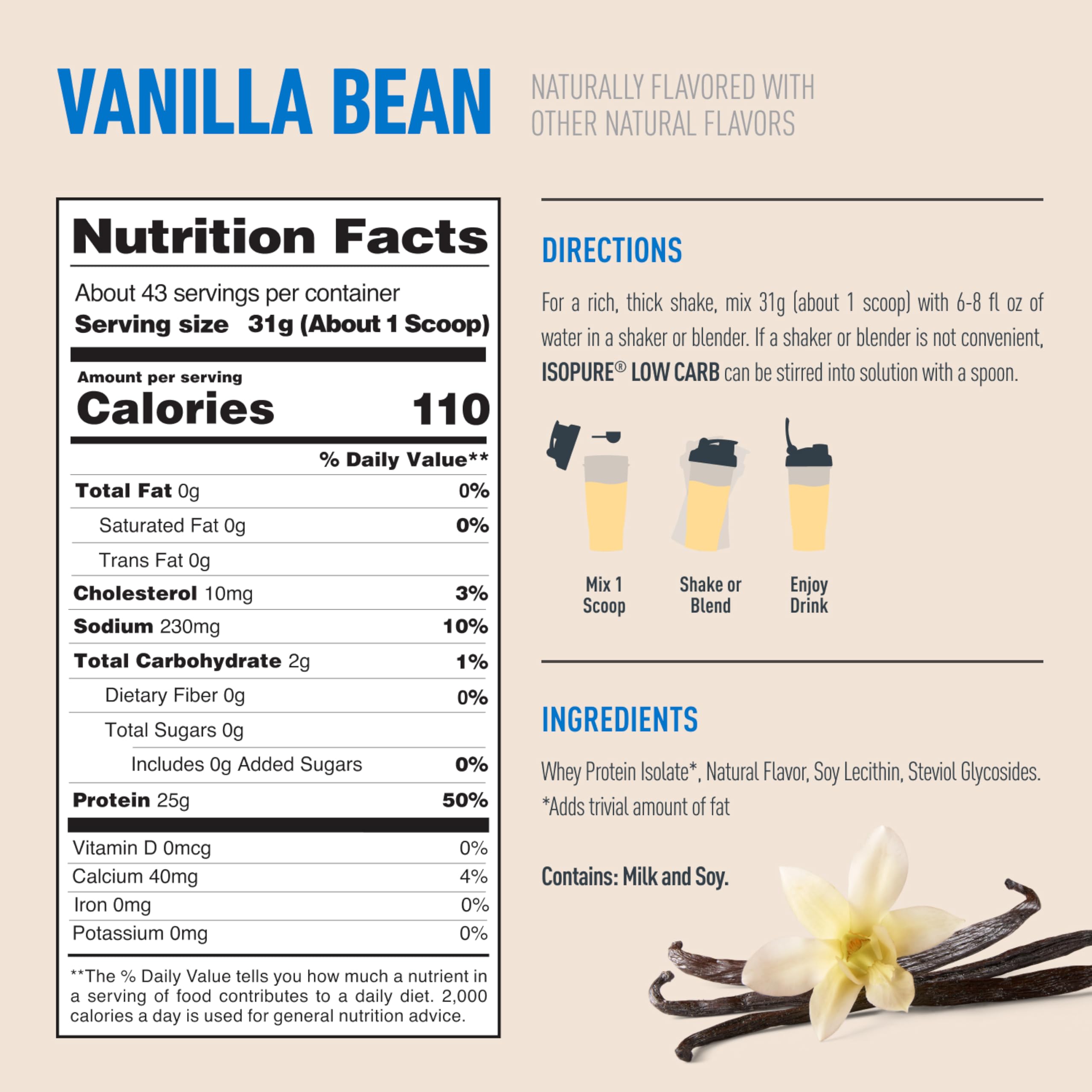 Label highlights Isopure Vanilla Whey as gluten-free and lactose-free.