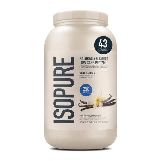 Isopure Vanilla Whey Isolate container showing 25g protein per serving for daily nutrition.