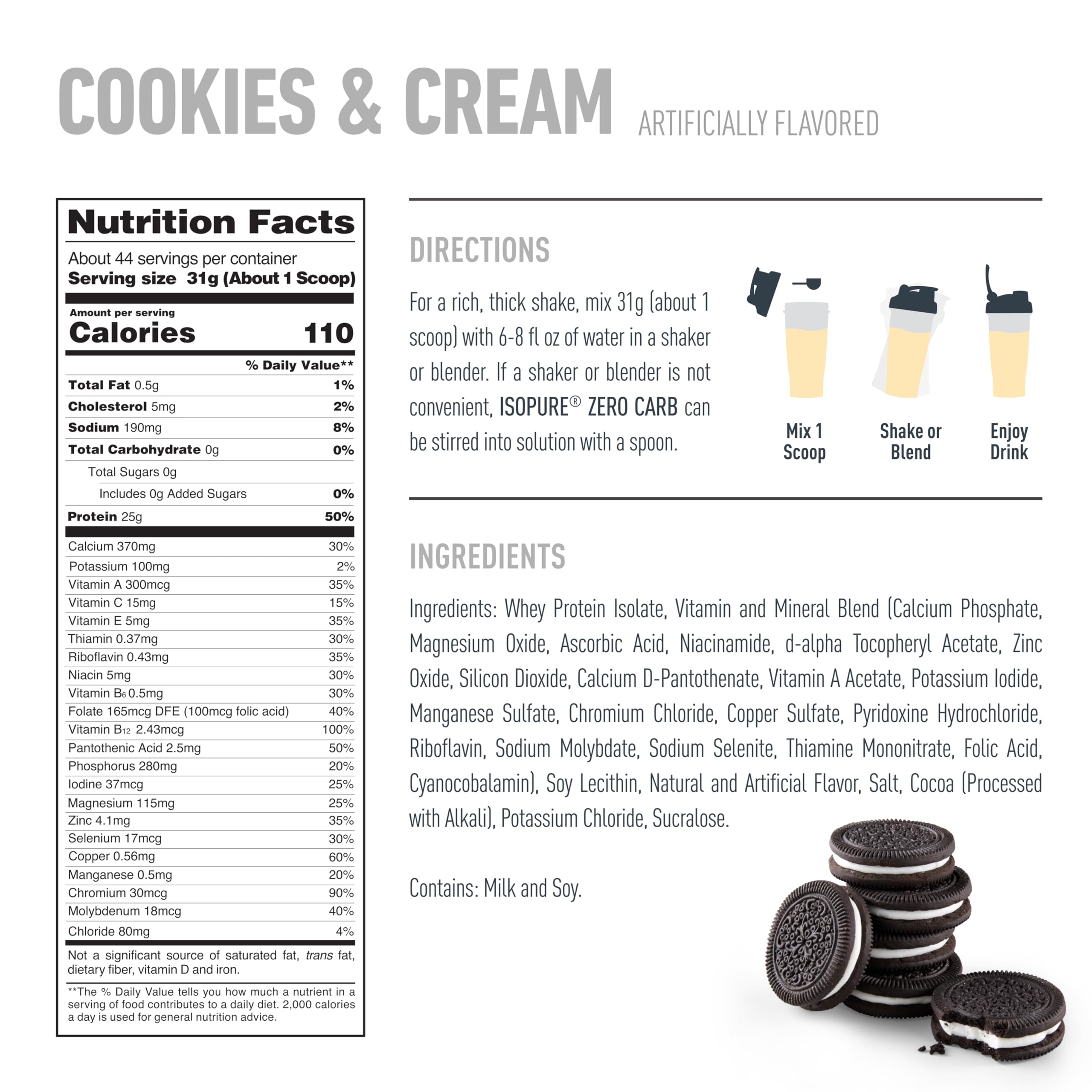 Isopure protein powder with vitamins and minerals supports daily nutrition.
