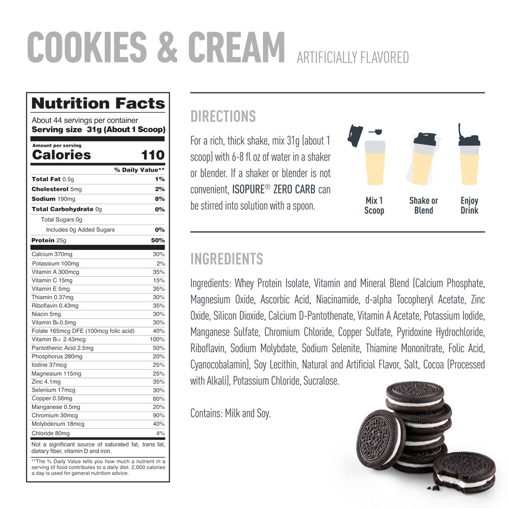 Isopure protein powder with vitamins and minerals supports daily nutrition.
