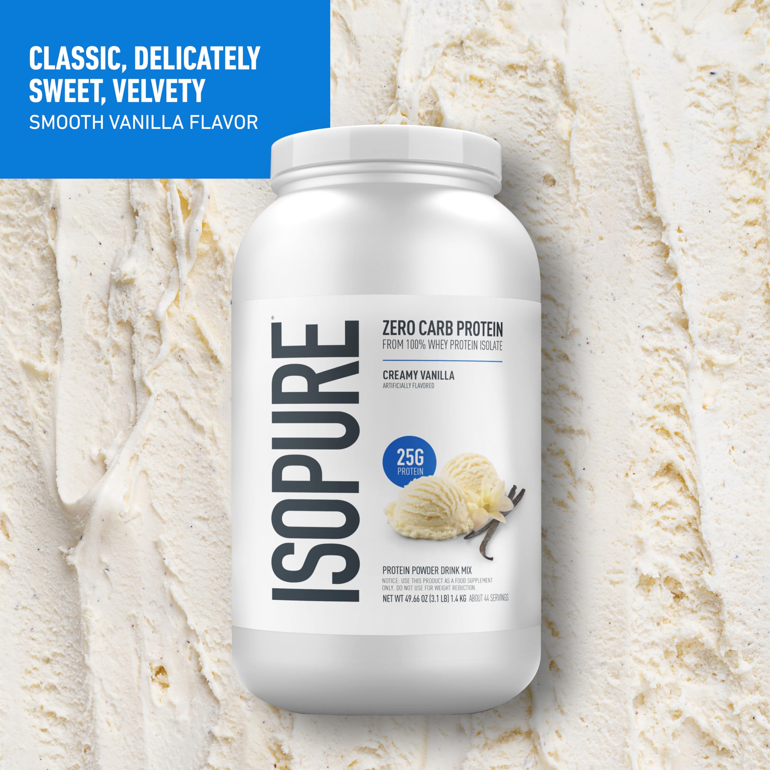 Isopure 100 percent whey isolate panel highlights high protein per serving