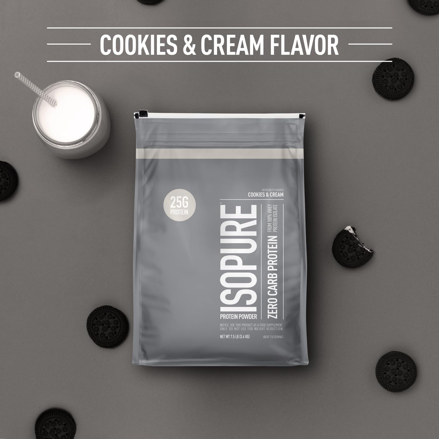 Isopure whey isolate powder scoop highlights zero carbs and gluten-free formula.