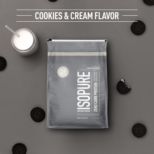 Isopure whey isolate powder scoop highlights zero carbs and gluten-free formula.
