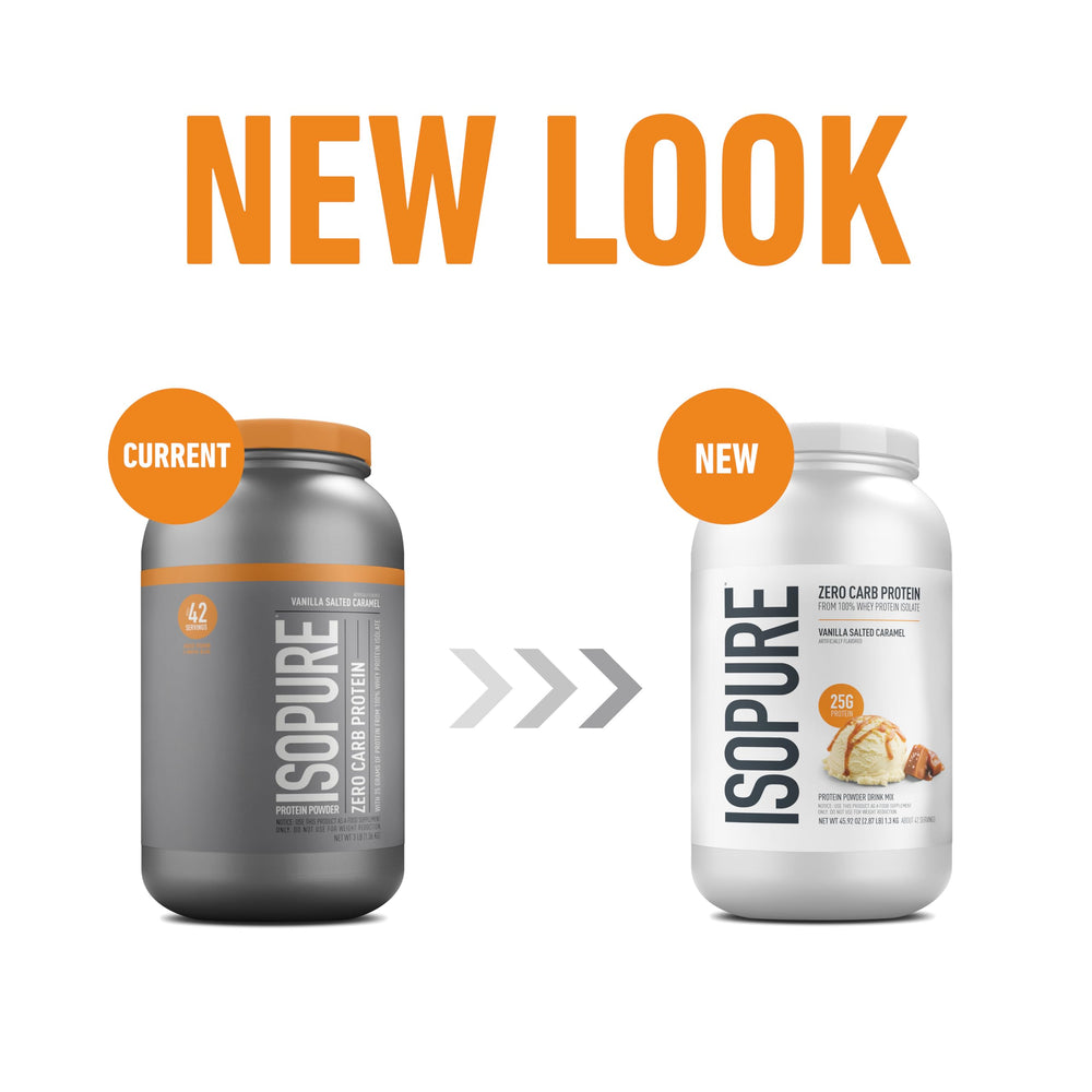 Isopure whey isolate scoop with label showing 25g protein per serving.