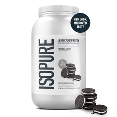 Isopure whey protein isolate bottle highlights zero sugar and zero carbs.
