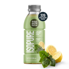 Isopure Zero Carb 32g on-the-go bottle on a gym bag, easy protein on the move.