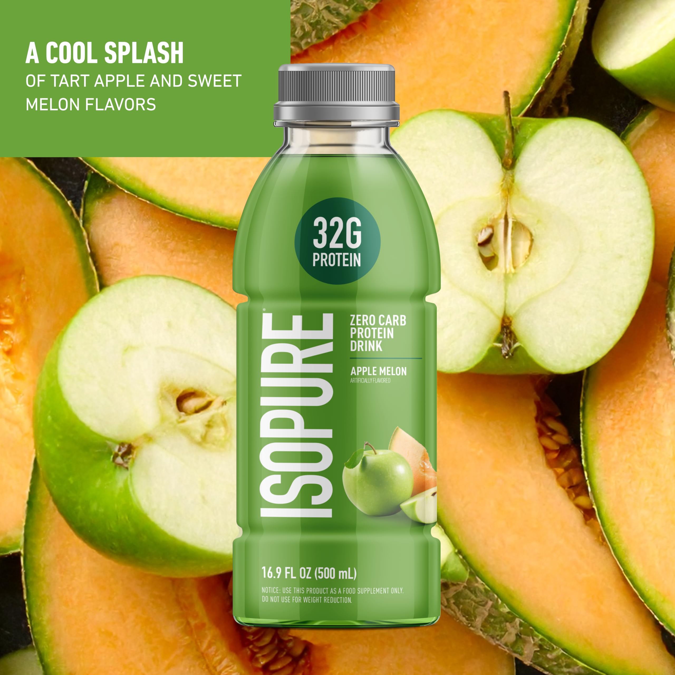 Isopure Apple Melon bottle being poured for a refreshing protein drink.