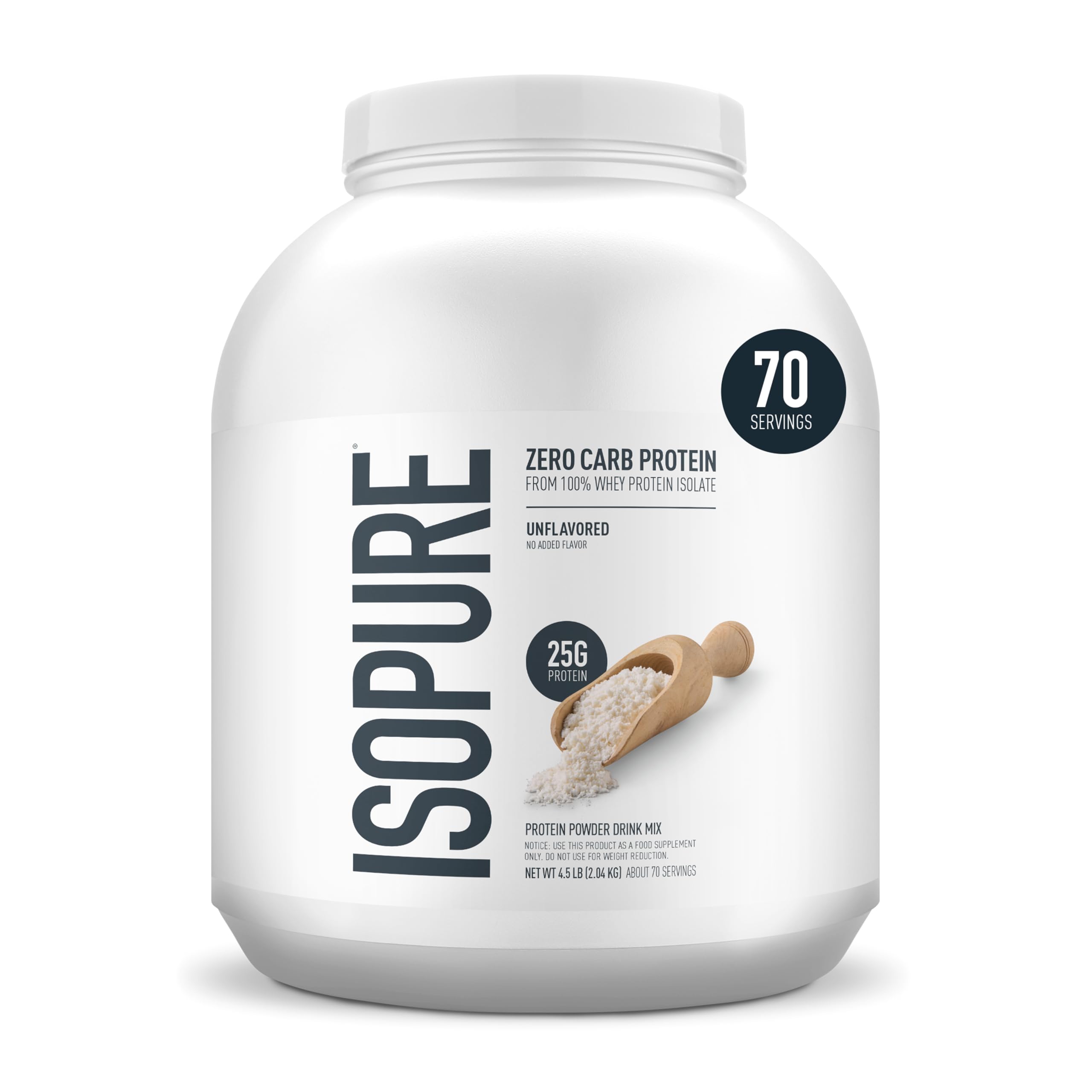 Isopure Zero Carb unflavored whey container for high-protein meals.