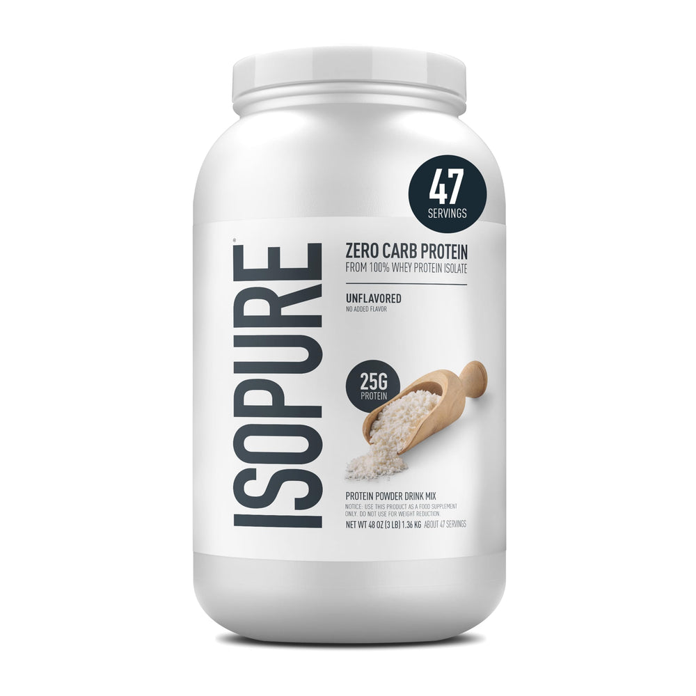 Isopure Zero Carb unflavored whey container showcases pure protein for daily shakes