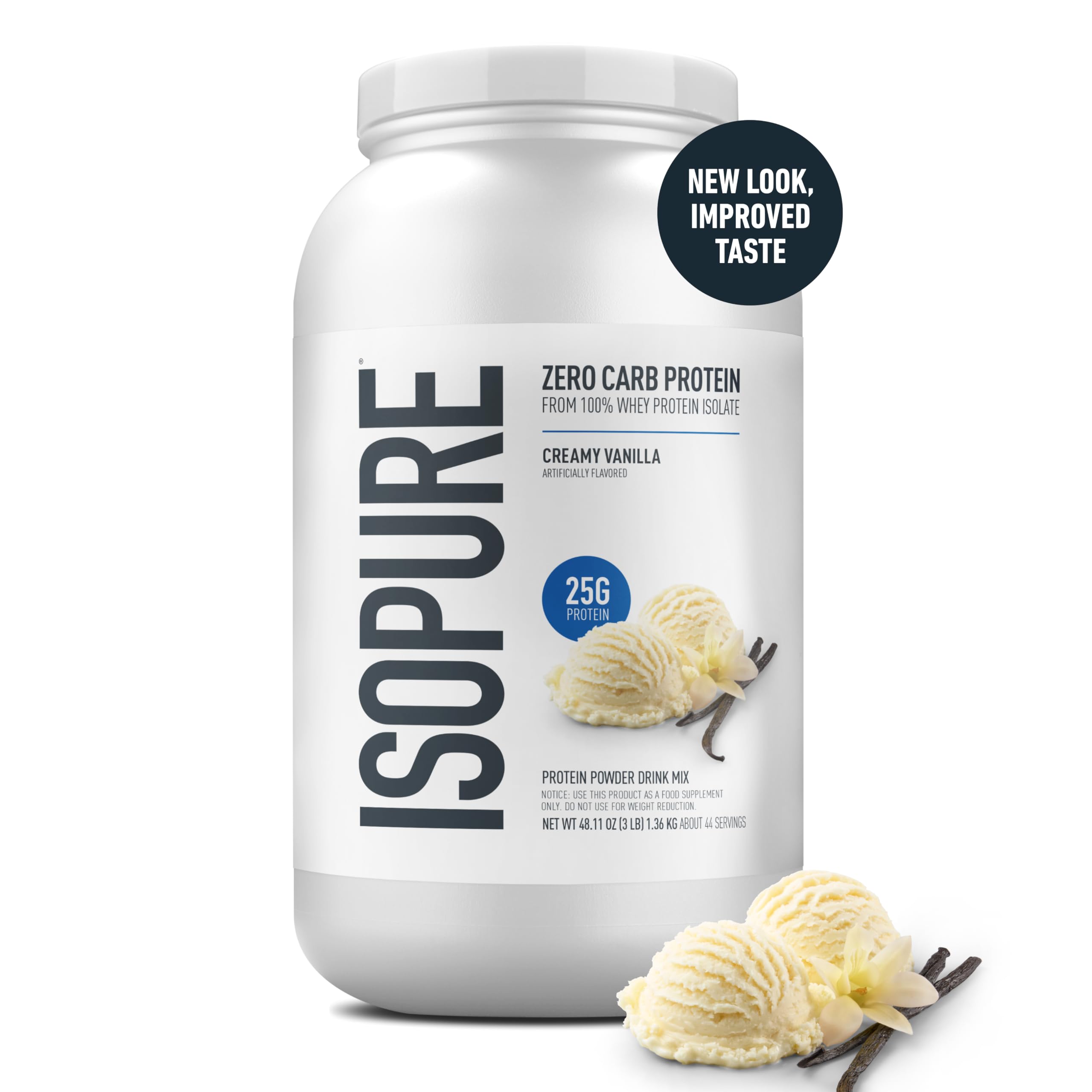 Isopure whey isolate scoop-dispensing image emphasizes convenient, measured 25 g servings