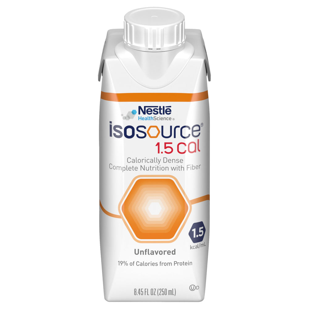 Isosource 1.5 Cal bottle close-up highlights calorie-dense nutrition.