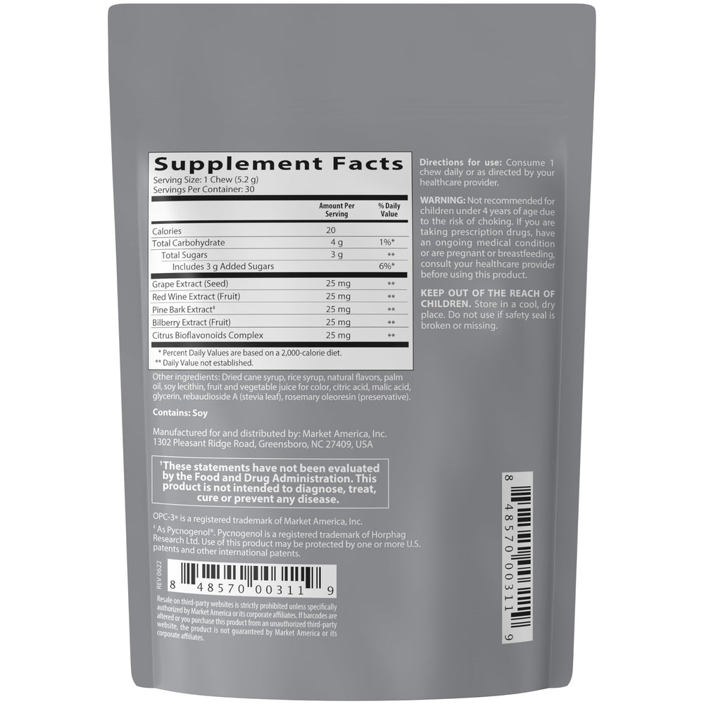 Isotonix OPC-3 chews ingredients panel highlights grape seed and flavonoids.