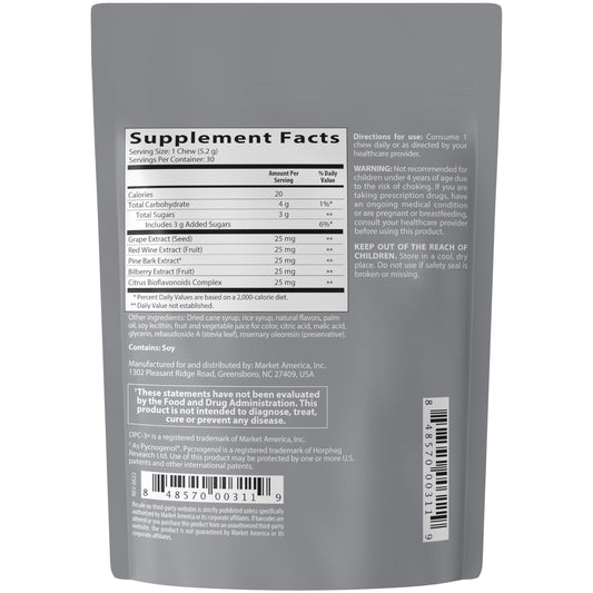 Isotonix OPC-3 chews ingredients panel highlights grape seed and flavonoids.