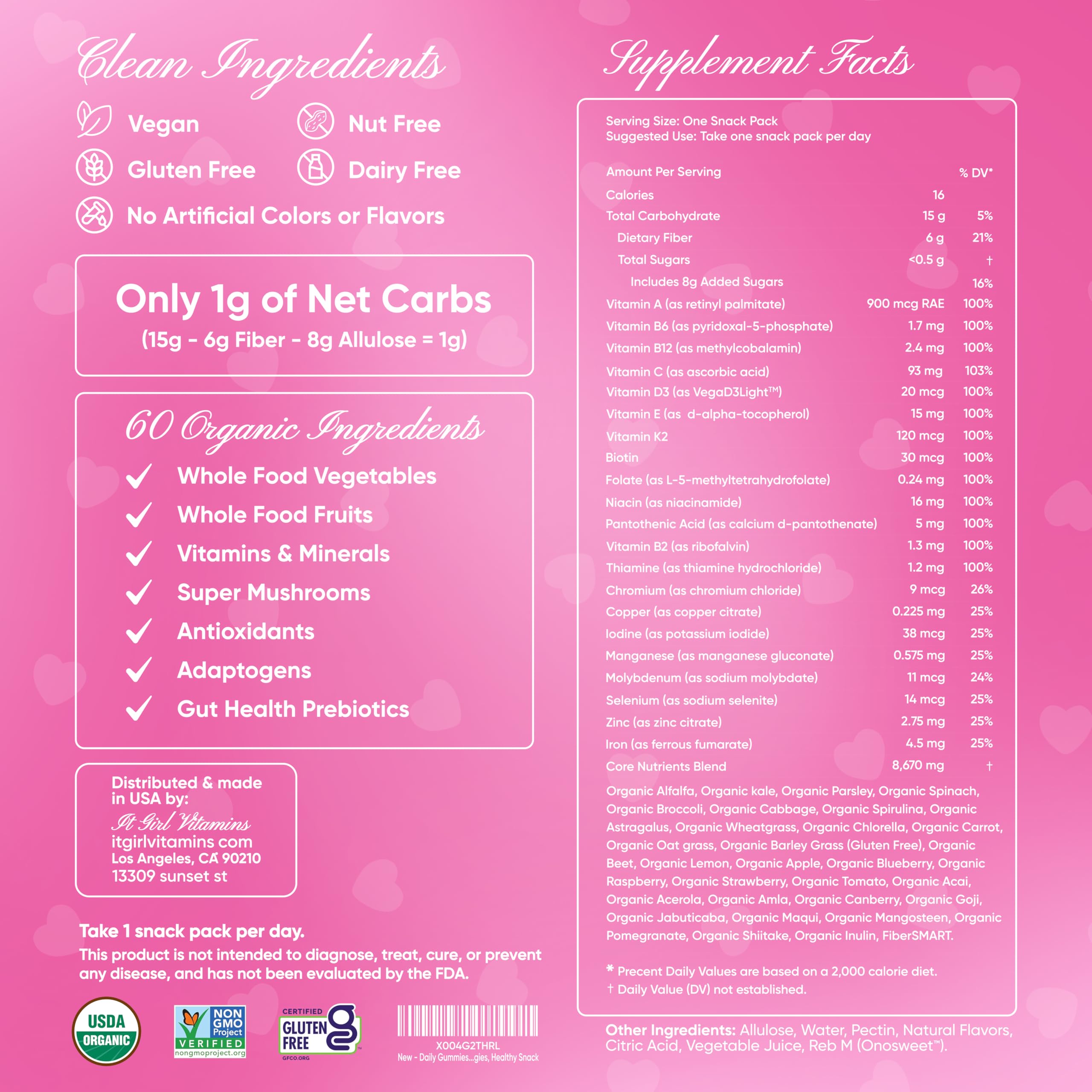 It Girl Vitamins organic ingredients with 60+ superfoods for balanced nutrition.