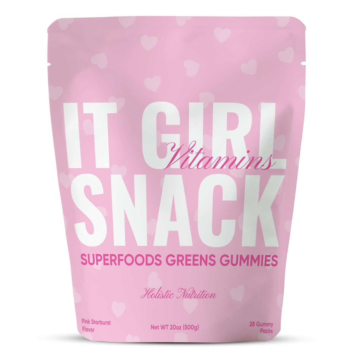 It Girl Vitamins Organic Super Greens Gummies bottle showing colorful gummies for daily wellness.