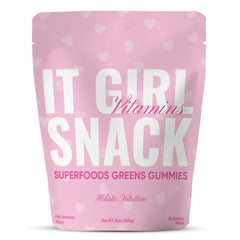 It Girl Vitamins Organic Super Greens Gummies bottle showing colorful gummies for daily wellness.