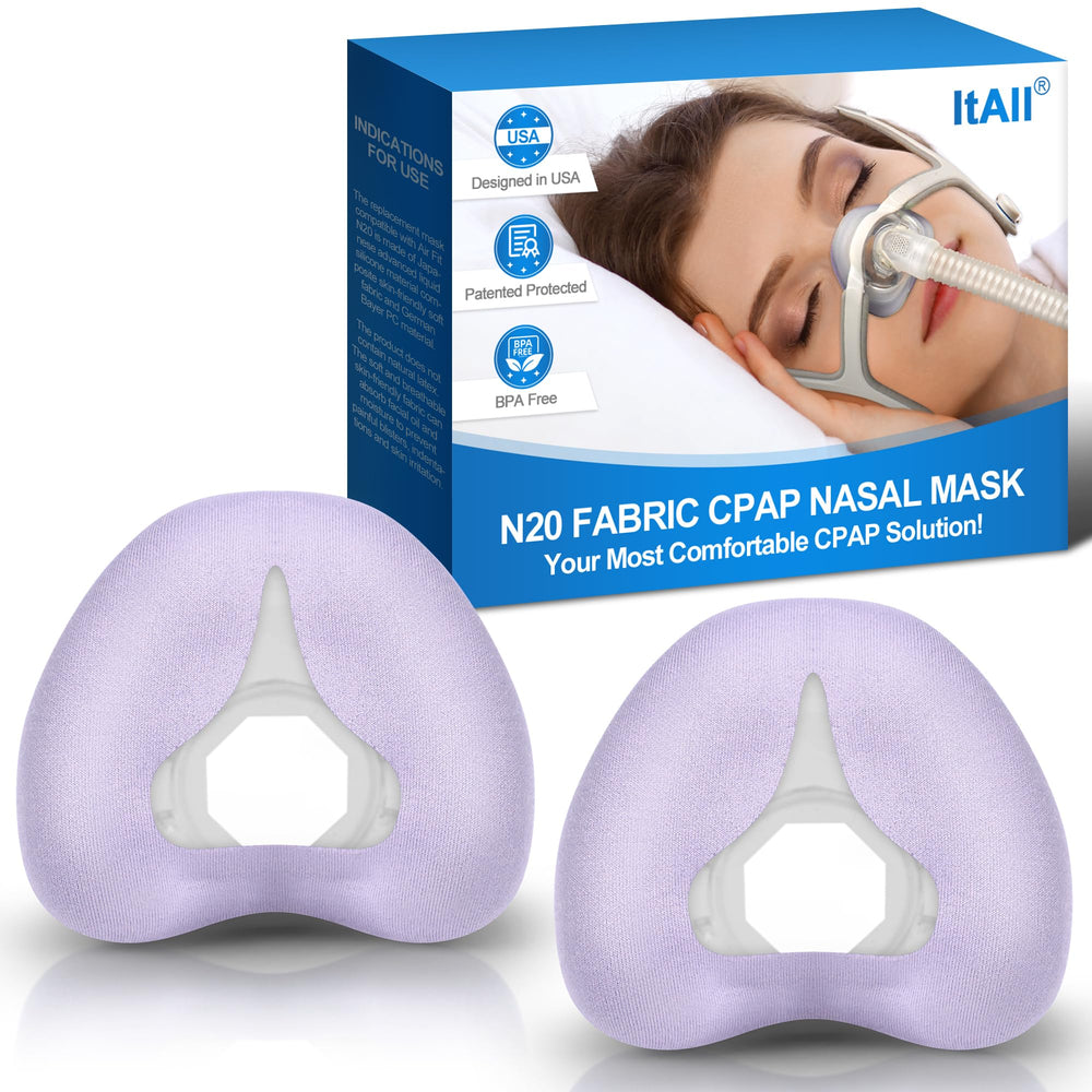 ItAll 2-pack N20 cushion in purple packaging for Airfit and Airtouch masks, skin-friendly.