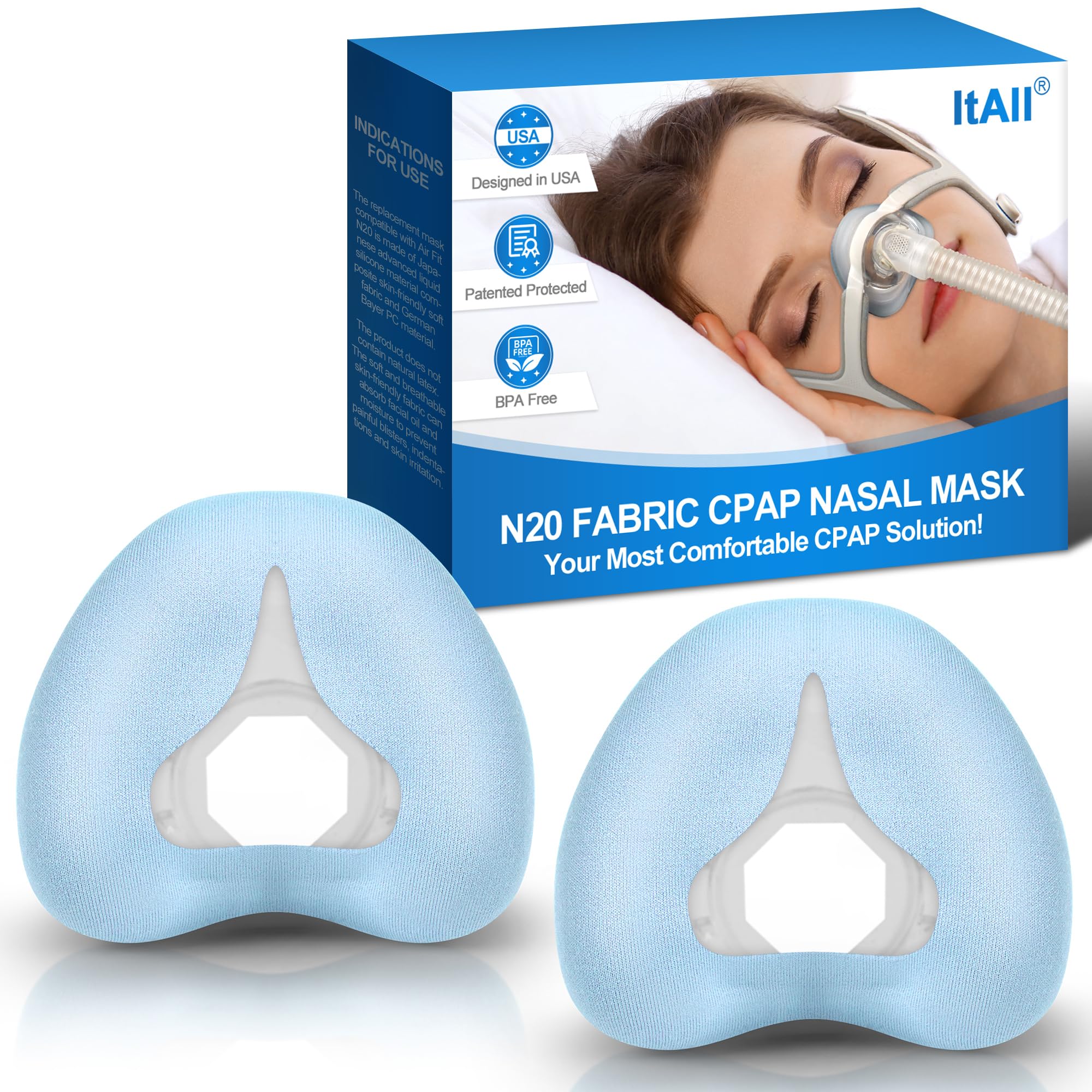 ItAll N20 CPAP cushion in blue cotton wrap for breathable all-night comfort.